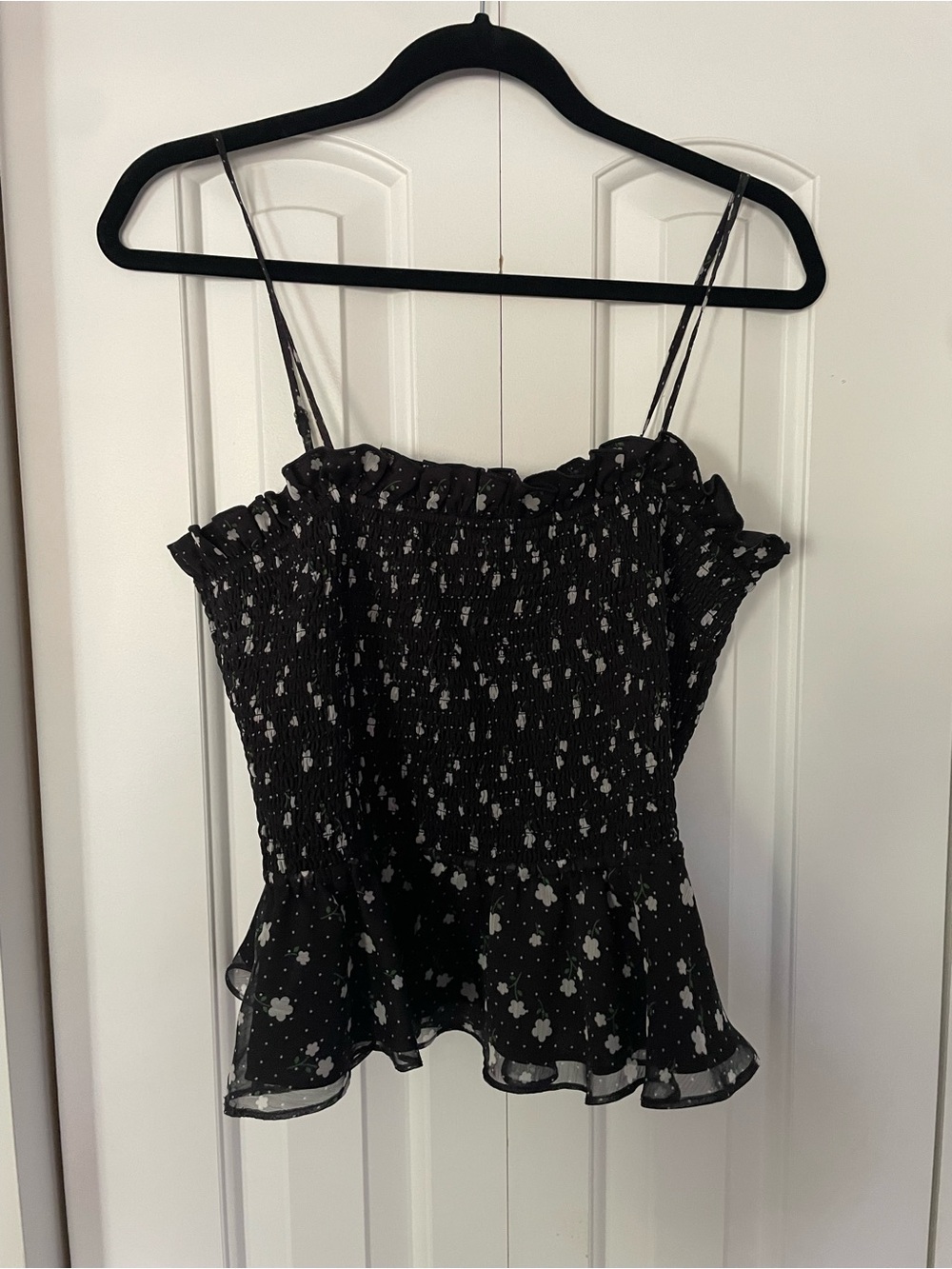 Black Floral Smocked Peplum Cami with Ruffle Trim